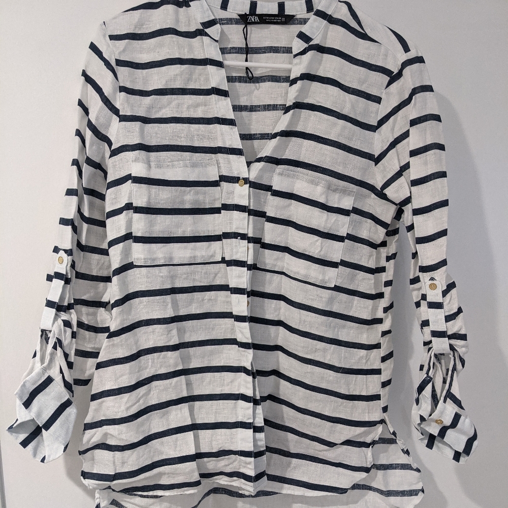 Zara navy and white striped shirt